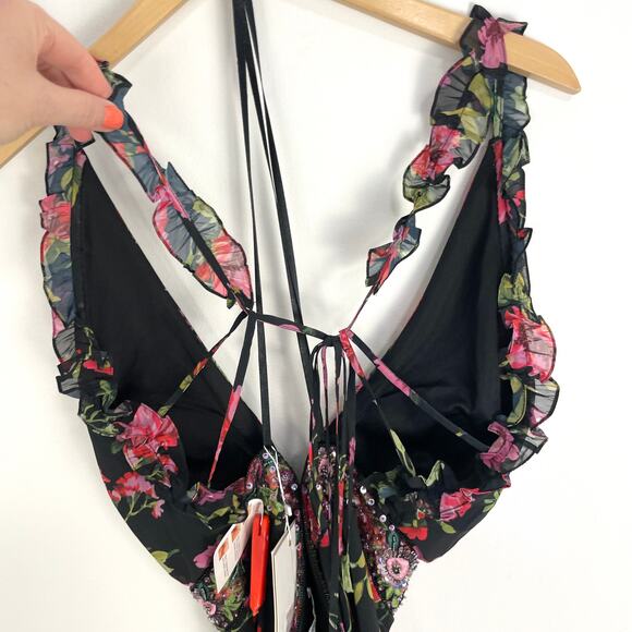 Mac Duggal Embellished Belt Ruffled Halter Strap Gown In Black Multi 9156 16 New - Picture 8 of 16